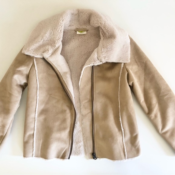 Crazy 8 Faux Suede Jacket Girls Large 10/12 Beige Tan Soft Fur Cream Lining - Picture 2 of 7